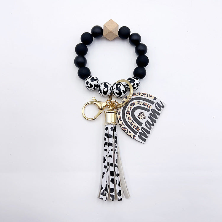 Wholesale Lacquer Round Beads Cow Pattern Wooden Beads Rainbow Wooden Sign Tassel Bracelet Keychain